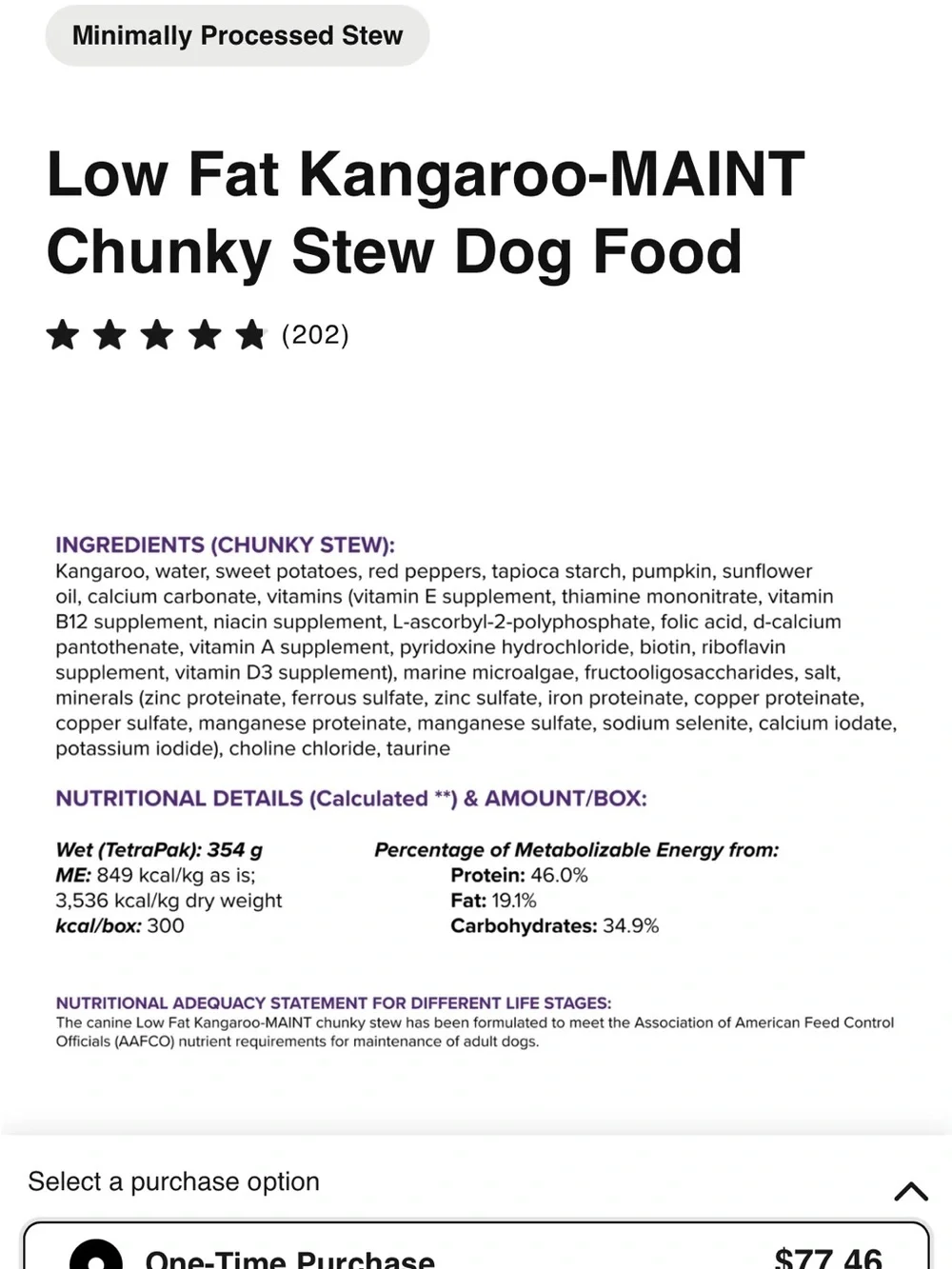 Low Fat Kangaroo-MAINT Chunky Stew Dog Food 10 cartons